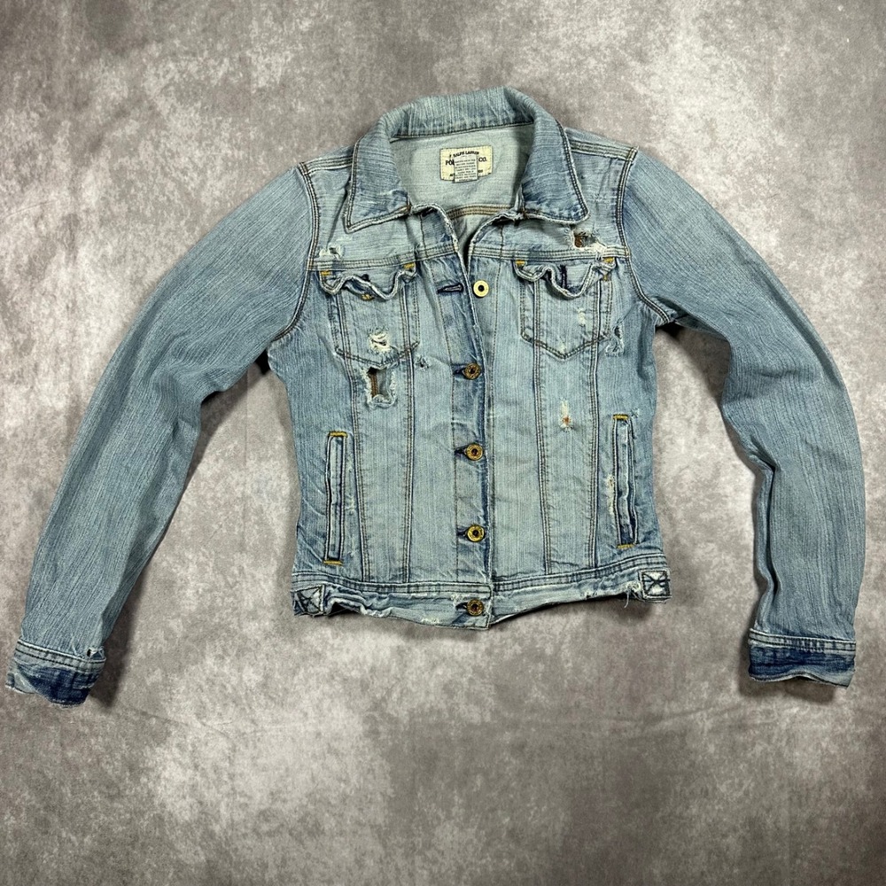 Vtg 90s Polo Jeans Co Ralph Lauren Women XS Distressed Denim Trucker Jean Jacket